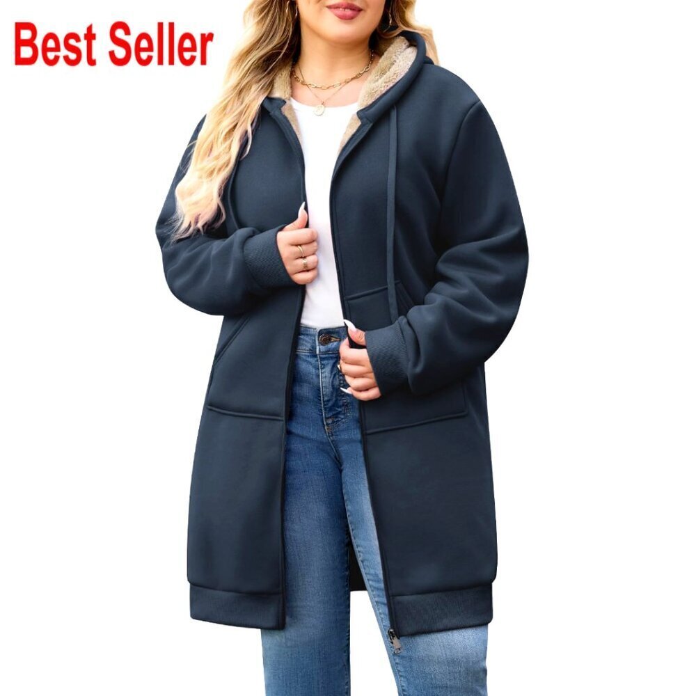 Plus Size Fleece Zip Hoodie, Long Tunic Jacket, Warm Winter Outerwear